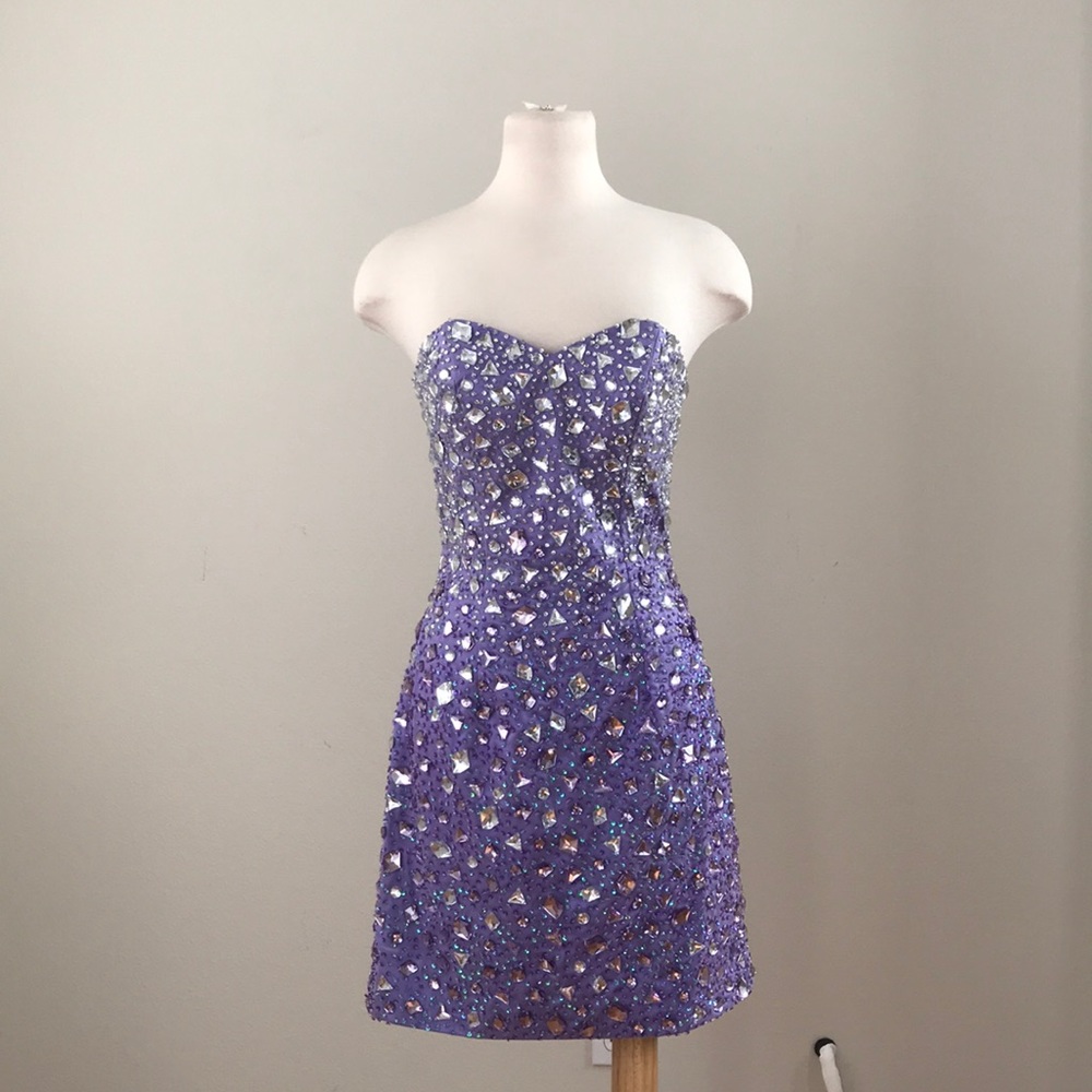 Val Stefani Purple Jewel Strapless Mini Dress
